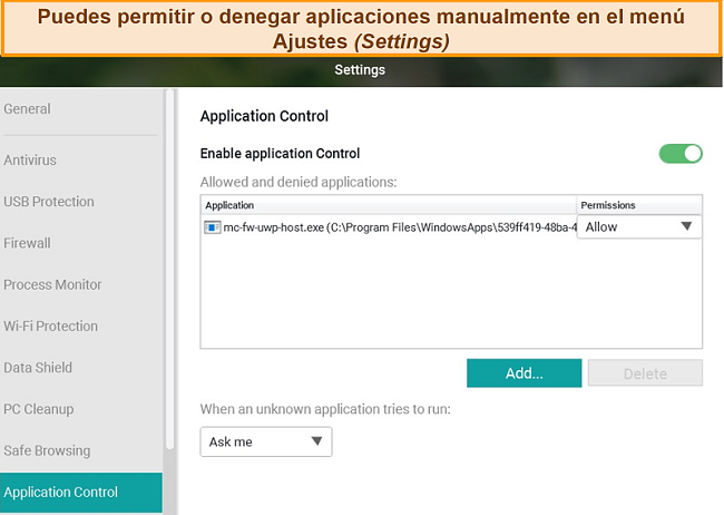 Captura de pantalla del menú de configuración de Control de aplicaciones de Panda