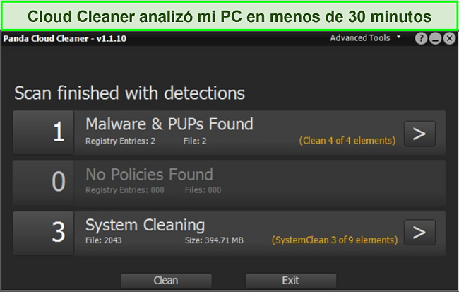 Captura de pantalla de la función Cloud Cleaner de Panda con un escaneo completo