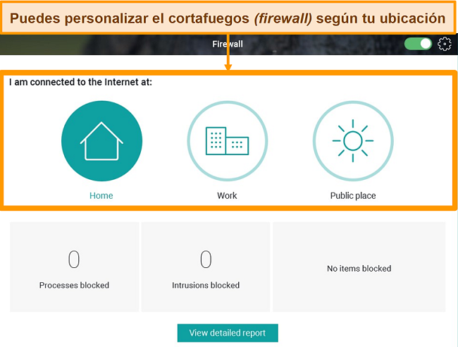 Captura de pantalla de la función Firewall de Panda con diferentes niveles de seguridad resaltados