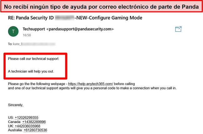 Captura de pantalla del correo electrónico recibido del soporte técnico de Panda