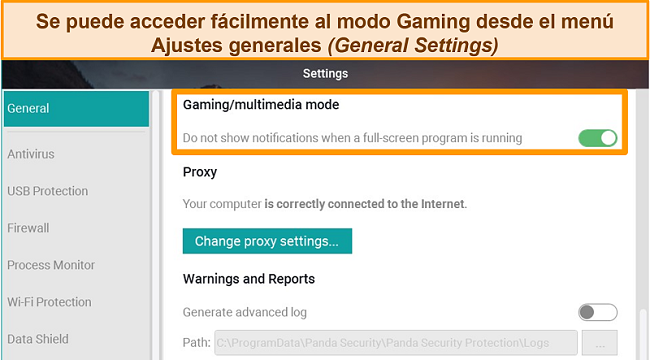 Captura de pantalla de la configuración general de Panda que muestra el modo de juego.