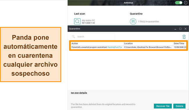 Captura de pantalla de la función de cuarentena de Panda con un archivo en cuarentena resaltado.