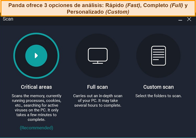 Captura de pantalla de las 3 opciones de escaneo diferentes de Panda.