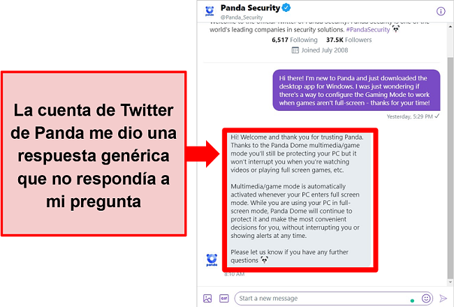 Captura de pantalla de la respuesta de Panda en Twitter a una pregunta de configuración específica