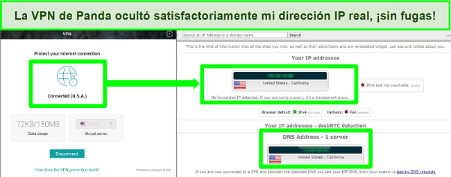 Captura de pantalla de la VPN de Panda conectada a un servidor de EE. UU. Y resultados de la prueba de fugas de IPLeak.net.
