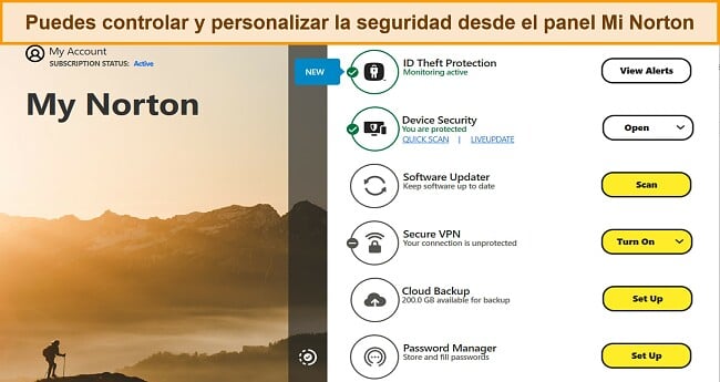 Captura de pantalla de la interfaz del panel de My Norton en Windows.