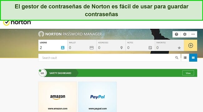Captura de pantalla de la función de administrador de contraseñas de Norton.