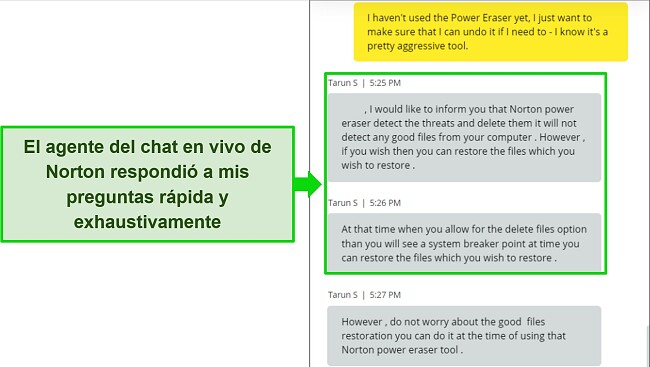Captura de pantalla del agente de chat en vivo de Norton respondiendo una pregunta sobre la herramienta Power Eraser.