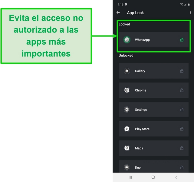 Captura de pantalla que muestra la función de bloqueo de aplicaciones en la aplicación de Android de TotalAV