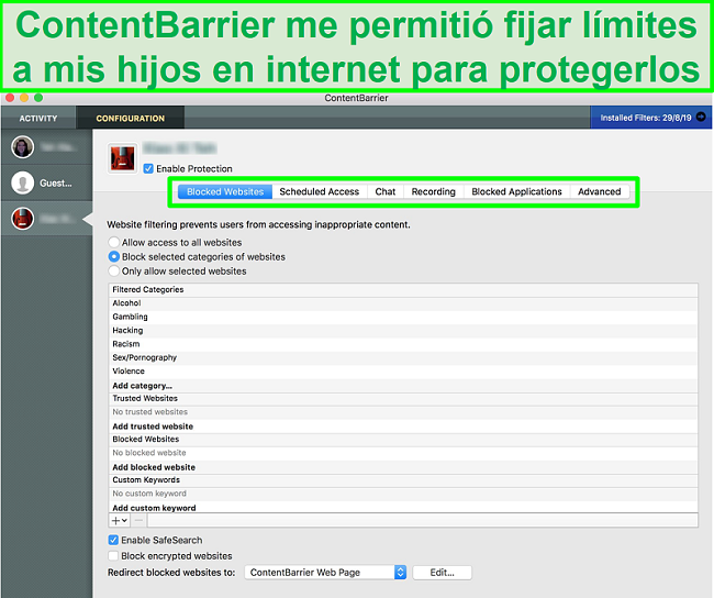 captura de pantalla de la interfaz ContentBarrier que muestra diferentes configuraciones de control parental