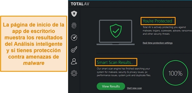 Captura de pantalla que muestra la página de inicio de la aplicación TotalAV en Windows