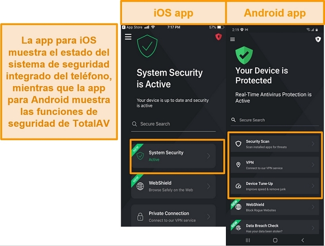Captura de pantalla que muestra la diferencia entre las aplicaciones TotalAV de iOS y Android
