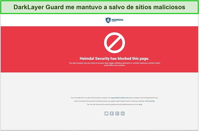 Captura de pantalla de Heimdal Security bloqueando un sitio web malicioso