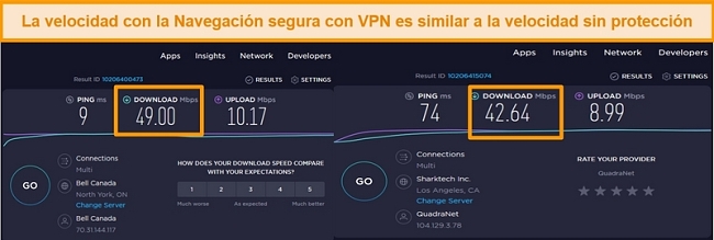 captura de pantalla que compara velocidades de conexión VPN de servidor no seguras y estadounidenses