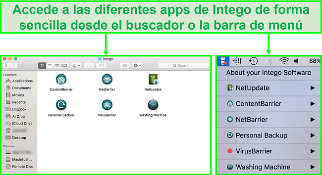 Captura de pantalla de cómo acceder a diferentes aplicaciones de Intego desde la ventana del Finder o la barra de menú