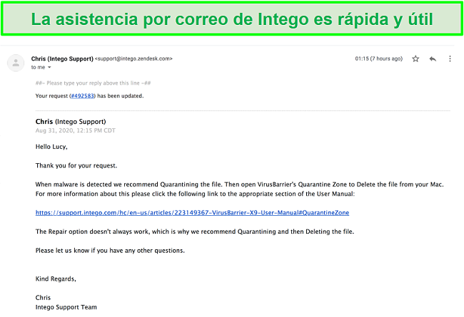 Captura de pantalla de una conversación por correo electrónico rápida y útil con el personal de soporte de Intego.