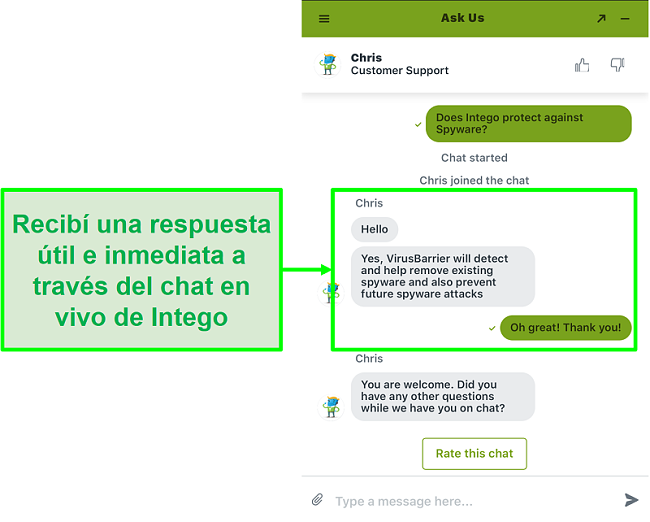 Captura de pantalla del chat en vivo de Intego que brinda soporte rápido y útil