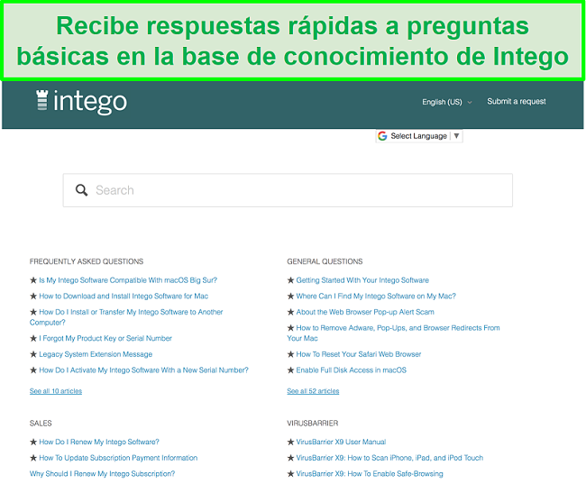 Captura de pantalla de la base de conocimientos de Intego que muestra preguntas y respuestas comunes