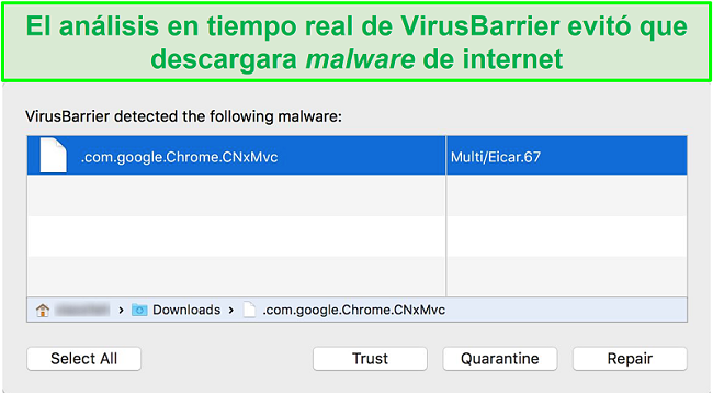 Captura de pantalla emergente del bloqueador de malware intego