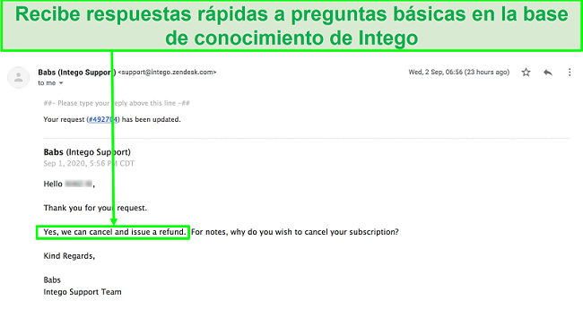 Captura de pantalla de la conversación por correo electrónico con el servicio de atención al cliente de Intego procesando inmediatamente mi solicitud de reembolso sin hacer preguntas.