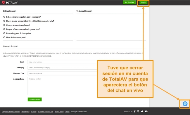 Captura de pantalla del botón de chat en vivo de TotalAV.