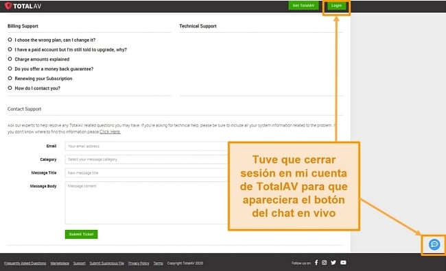 Captura de pantalla del botón de chat en vivo de TotalAV.