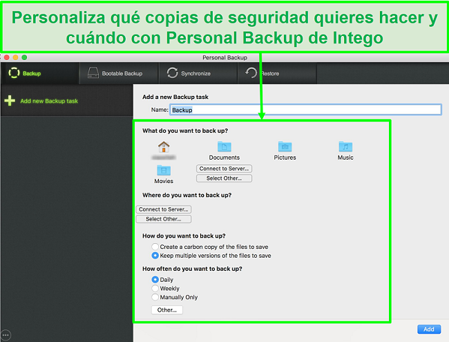Captura de pantalla de la interfaz de respaldo personal de Intego con opciones de respaldo de datos personalizables