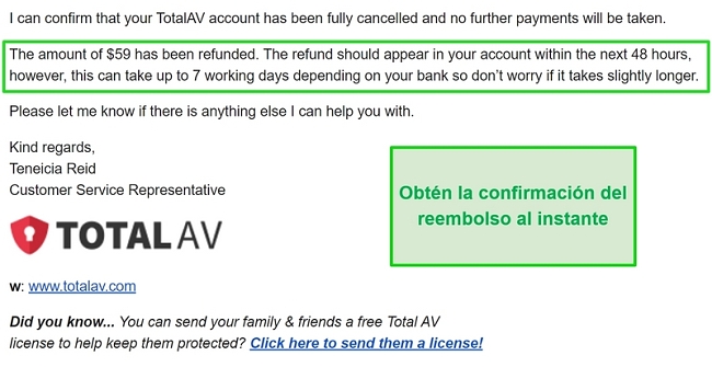 Captura de pantalla del correo electrónico de confirmación de reembolso de TotalAV