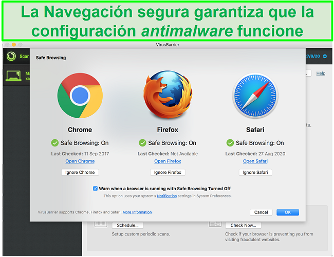 Captura de pantalla de la interfaz de Intego que muestra que el modo de navegación segura de diferentes navegadores web está habilitado