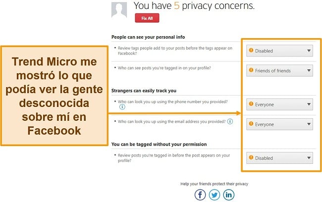 Captura de pantalla de la función de privacidad de las redes sociales de Trend Micro