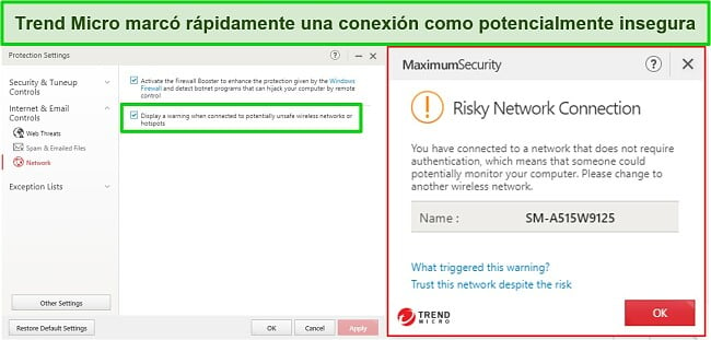 Captura de pantalla de Trend Micro bloqueando una conexión peligrosa