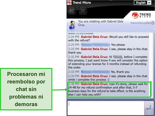 Captura de pantalla de la solicitud de reembolso a través del chat en vivo de Trend Micro