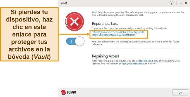 Captura de pantalla de la configuración de Trend Micro Vault