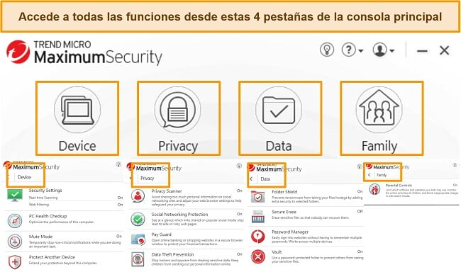 Captura de pantalla de la interfaz de escritorio de Trend Micro