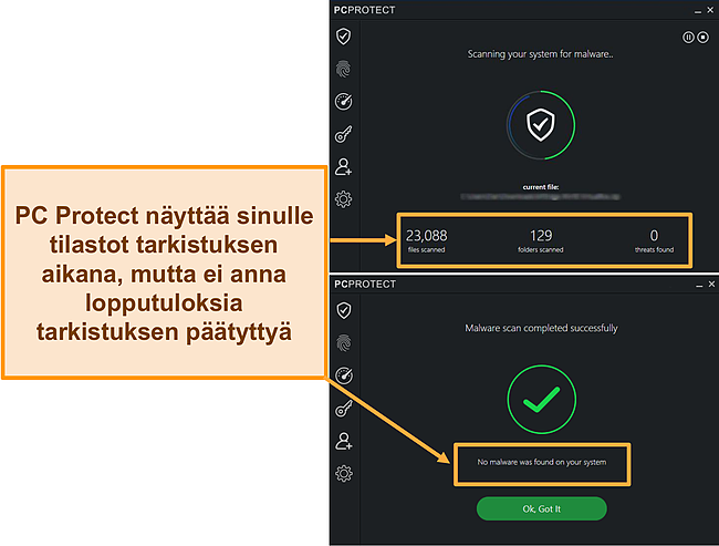 Kuvakaappaus PC Protectin suorittamasta haittaohjelmatarkistuksesta, joka näyttää tilastot vain skannauksen aikana. Valmistuttuaan tulokset häviävät.