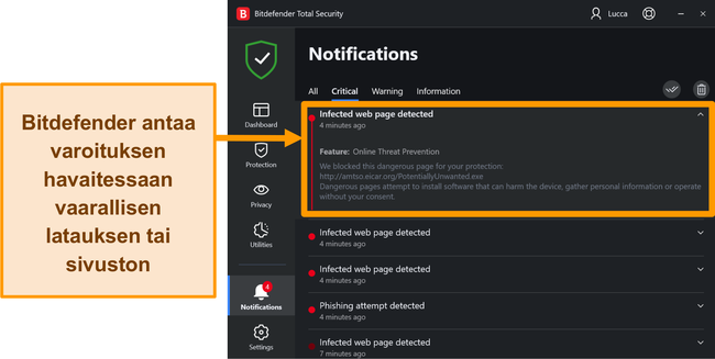 Bitdefender-työpöydän uhka-ilmoitukset.