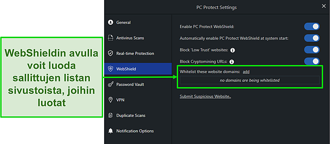Kuvakaappaus PC Protectin WebShield -asetuksista suojaamaan sinua verkossa.