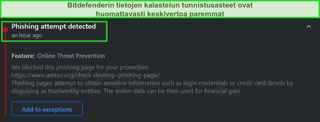 Bitdefender-työpöydän tietojenkalasteluvaroitus.