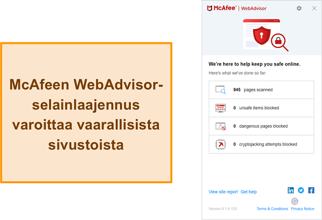 Näyttökuva McAfee-verkkosivuston WebAdvisor-ominaisuudesta