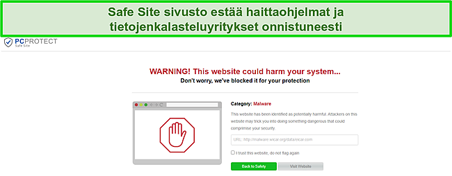 Kuvakaappaus PC Protectin turvallisesta sivustosta estää haittaohjelmayrityksen.