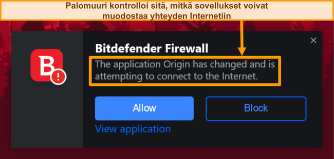 Näyttökuva Bitdefender-palomuuri-ilmoituksesta.