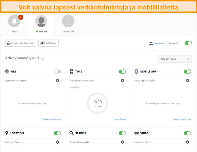 Näyttökuva Norton 360: n lapsilukkoasetuksista.