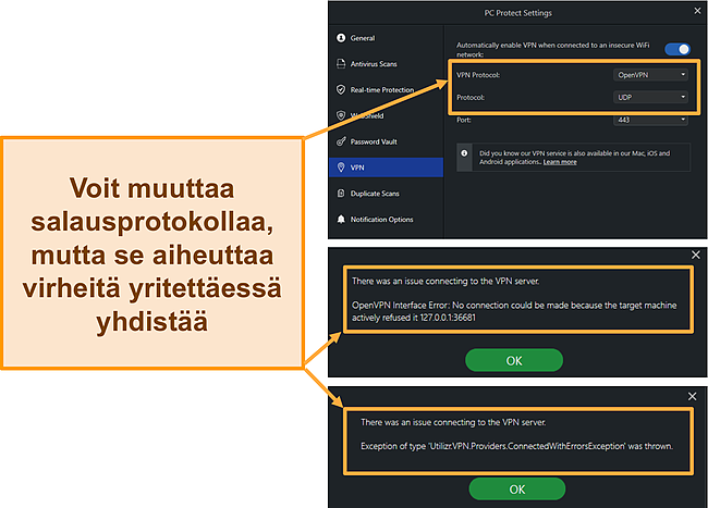 Kuvakaappaus PC Protectin Safe Browsing VPN -virheistä ja salausprotokollista.