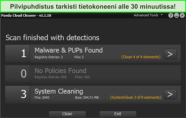 Kuvakaappaus Pandan Cloud Cleaner -ominaisuudesta, jossa skannaus on valmis.