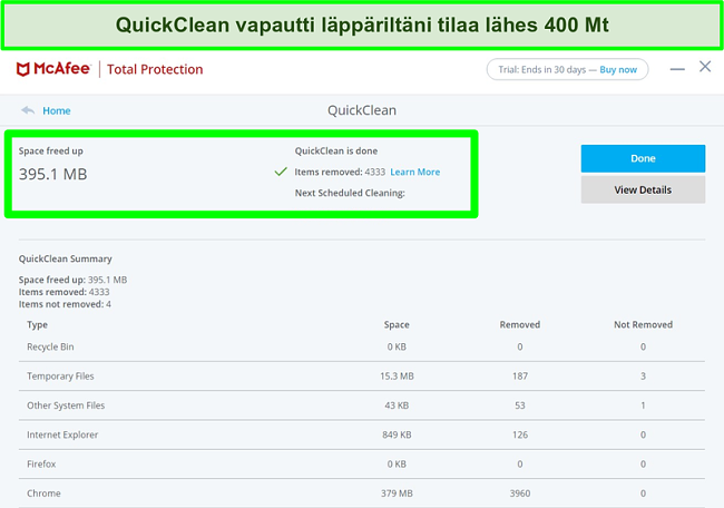 Näyttökuva McAfee QuickClean -ominaisuudesta Windowsissa