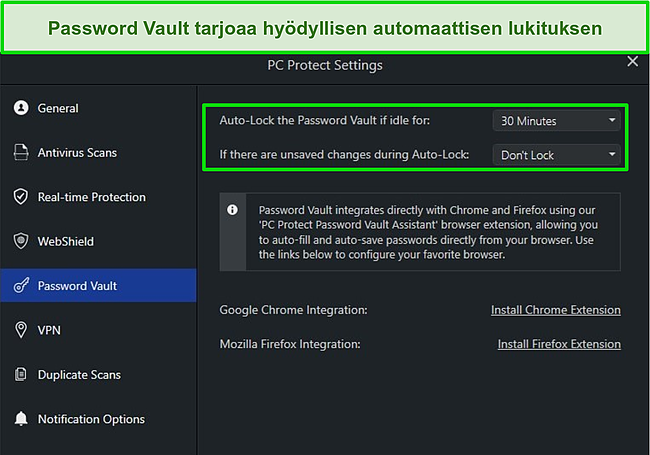 Kuvakaappaus PC Protectin Password Vault -asetuksista automaattisella lukitusominaisuudella.
