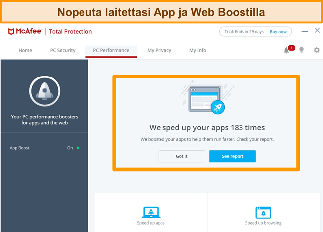 Näyttökuva McAfee PC Performance -näytöstä