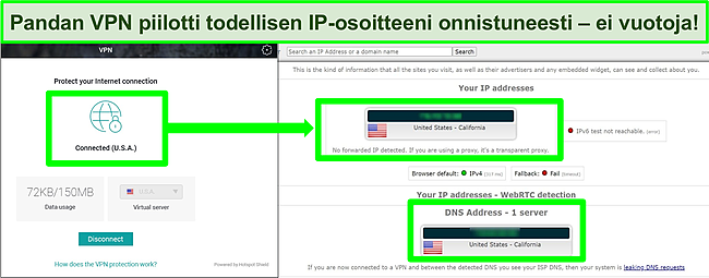 Kuvakaappaus Yhdysvaltain palvelimeen yhdistetystä Pandan VPN: stä ja IPLeak.net -vuototestitulokset.