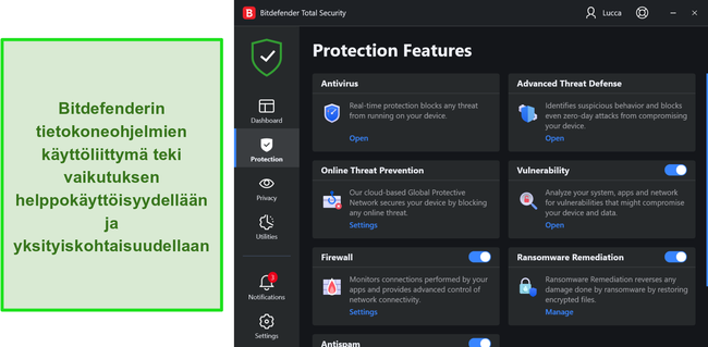 Bitdefenderin työpöydän käyttöliittymä