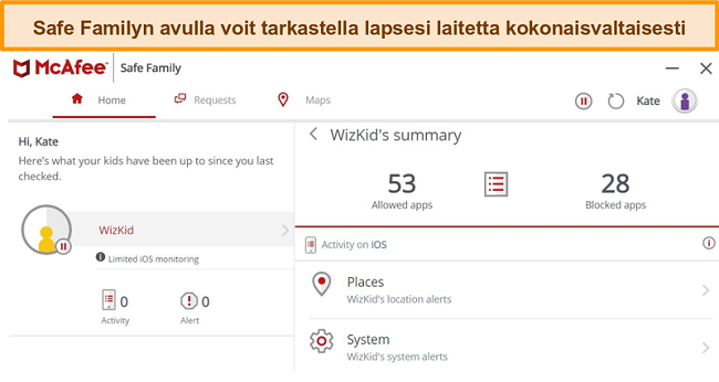 Näyttökuva McAfee Safe Family -huolto-ominaisuudesta, joka on liitetty iPhoneen